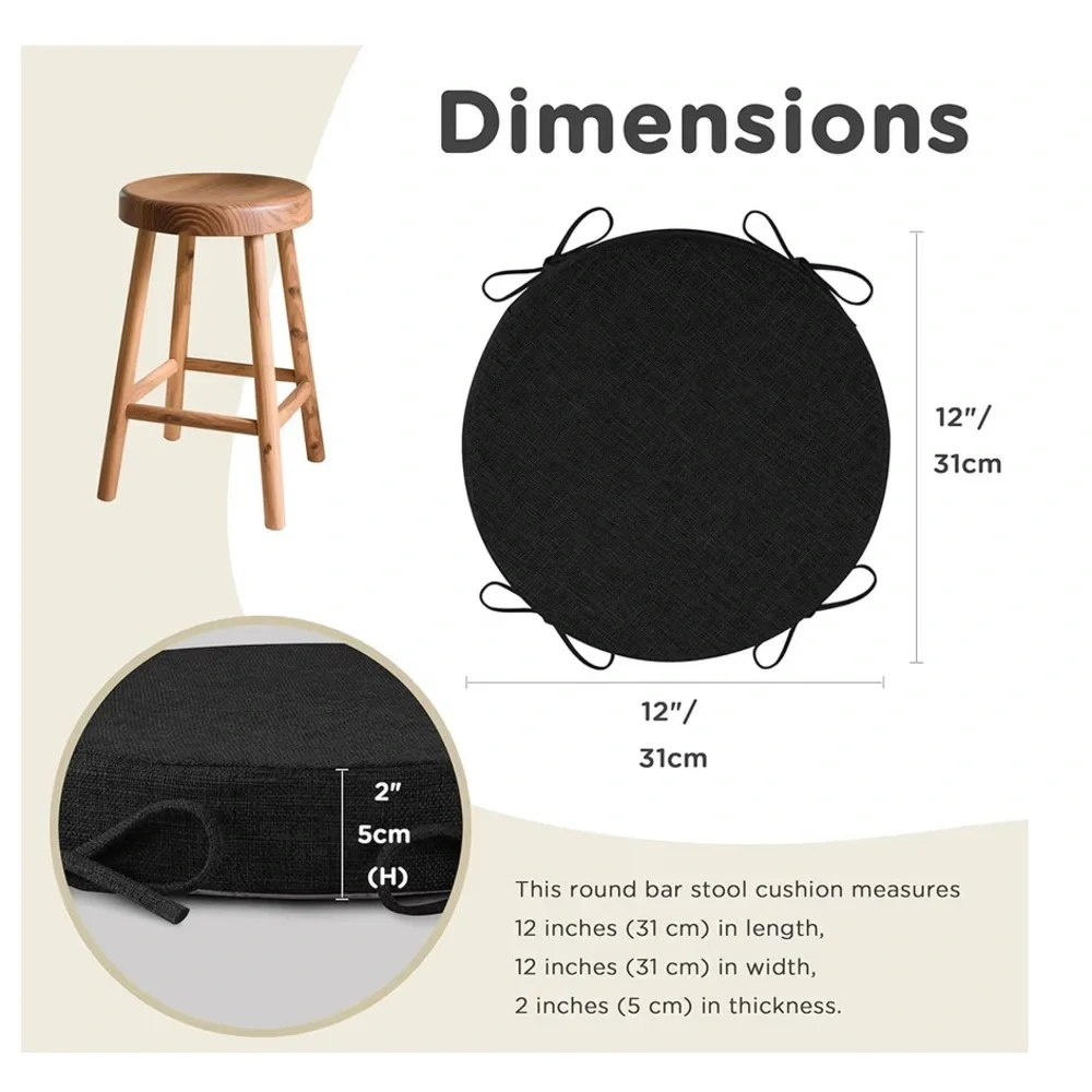 Round Bar Stool Cushions with Ties Non-Slip Washable Cover 12x12” (2-pack)